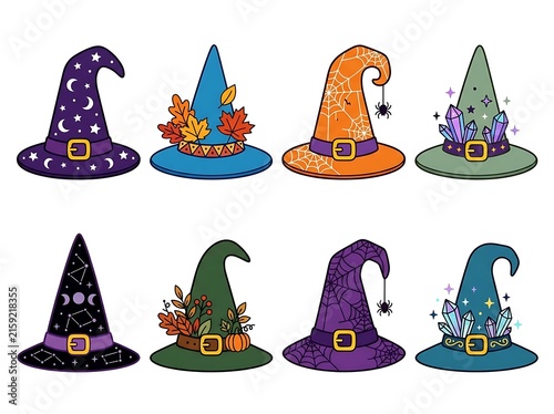 Colorful Halloween Witch Hats with Unique Decorative Elements Isolated Design Collection