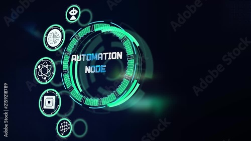 A modern cyber automation node dashboard managing automated network workflow using glowing digital technology graphics visual