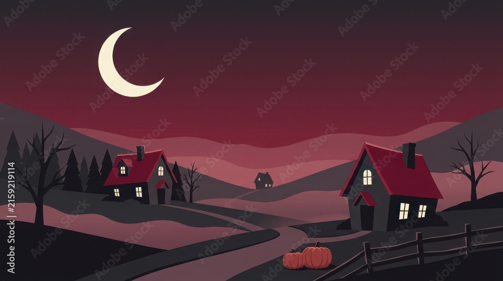 Naklejka premium Halloween scene with moonlit farmhouses and pumpkins isolated on transparent background, Vector, illustration