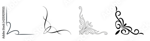 Intricate black filigree corner vectors for luxury invitation borders and book designs.