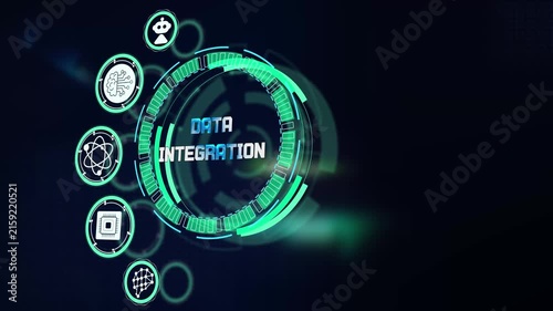 Data integration corporate database processing platform visualized on dark cyan glowing futuristic technological hud screen
