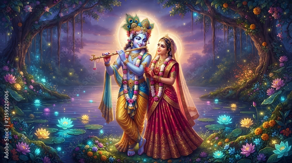 Fototapeta premium Divine hindu deities radha and krishna standing together in a magical forest pond