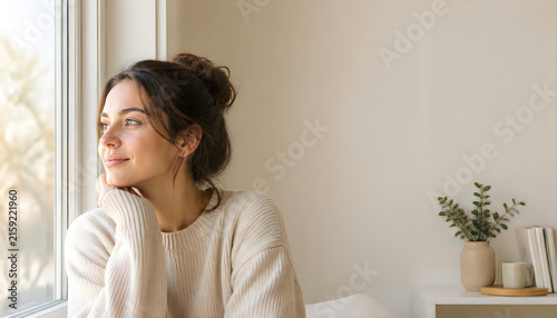 Peaceful young woman looking out window thinking in bright minimalist interior.