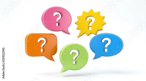 Colorful speech bubbles with question marks rest against a white background interrogation points balloons communication dialogue conversation query inquiry