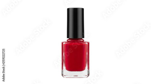 A vibrant red nail polish bottle isolated on a black background, perfect for beauty, fashion, and cosmetics marketing campaigns.