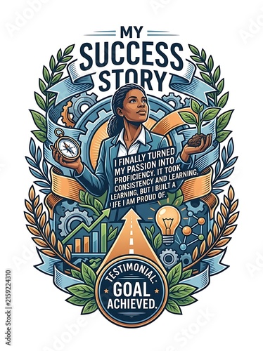 My Success Story Motivational Concept with Businesswoman and Growth Symbols