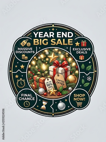 Year End Big Sale Promotional Emblem with Christmas Gift Boxes and Festive Decor