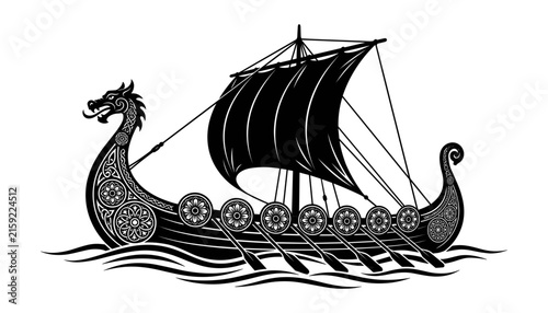 Canvas Print Detailed black silhouette Viking longship with ornamental dragon figurehead and
