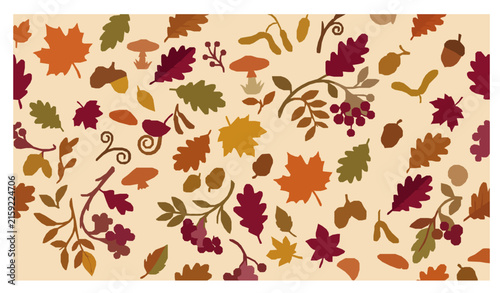 Modern Autumn Woodland Seamless Pattern with Falling Foliage Mushrooms Acorns and Berries