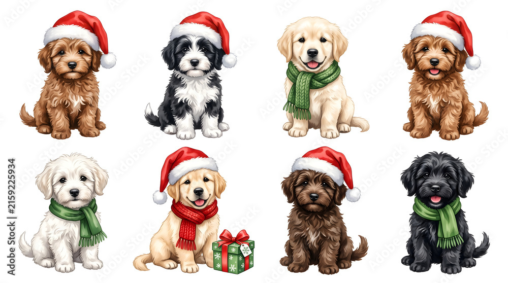 Obraz premium Adorable Christmas Puppy Collection Featuring Cute Golden Retrievers and Labradoodles Wearing Festive Santa Hats and Winter Scarves, Premium Holiday Dog Illustrations Isolated on White Background