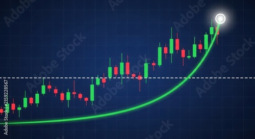 Upward trending stock market candlestick chart with green growth line on dark blue grid background