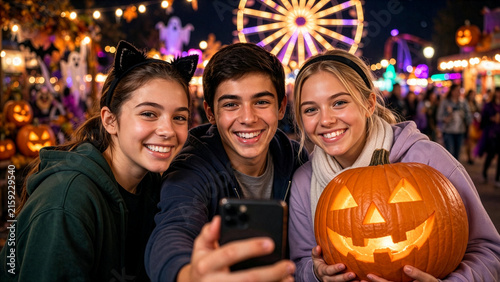 Three smiling teenage friends take a selfie together while holding a glowing jack-o-lantern at a brightly illuminated Halloween amusement park at night.