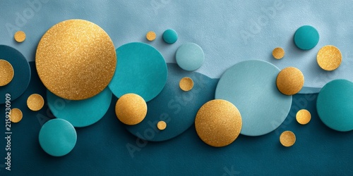 Warm turquoise palette. Abstract geometric design featuring overlapping teal and gold glitter circles on a textured blue background.