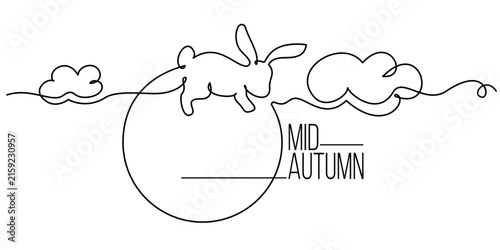 Happy Chuseok simple vector poster, banner, background with the moon and Rabbits. Chinese Mid Autumn Festival. Continuous one line drawing. Hand drawn vector illustration. Perfect for Mid-Autumn