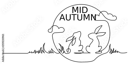 Happy Chuseok simple vector poster, banner, background with the moon and Rabbits. Chinese Mid Autumn Festival. Continuous one line drawing. Hand drawn vector illustration. Perfect for Mid-Autumn