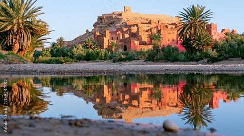 Ancient mud-brick fortified village with weathered adobe towers reflected in a still river, featuring date palms for Moroccan travel and heritage content