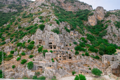 Myra Ancient City, Demre, Antalya, Turkey. Historic Lycian site featuring majestic rock-cut tombs and a Roman theater located near the Kekova coastline.