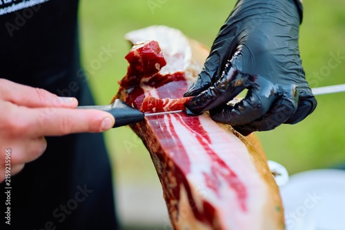 Close-up of Slicing Jamón Serrano