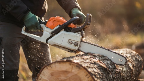 Professional lumberjack cutting a tree trunk with a chainsaw in the forest at sunset.