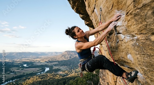 Woman rock climber ascending a steep cliff face with a scenic valley below