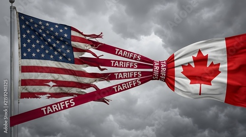 Canadian Flags with Tariff Text Flying Against Stormy Sky Representing Trade Policy and Economic Conflict