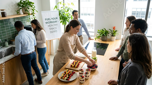 Colleagues eating healthy energy balls during wellness demo event in modern office kitchen break room