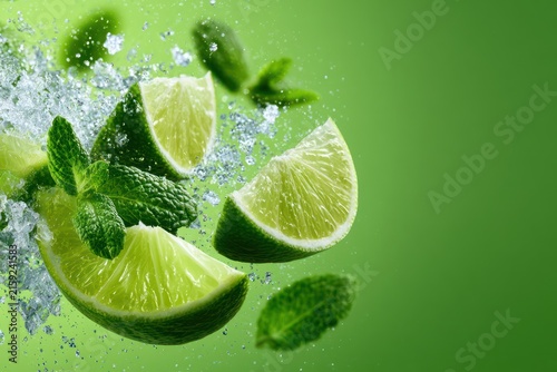 Fresh lime wedges with mint and ice crystals