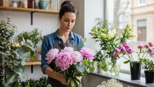 Young Florist Arranging Fresh Peonies in Modern Botanic Shop Studio, Greenery Background Concept