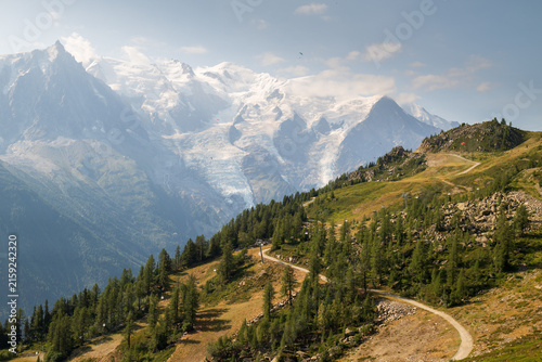 Photography Winding alpine hiking trail through green mountainside with dramatic snow-covered Mont Blanc peaks in summer