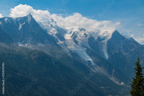 Snow-covered Mont Blanc massif rising above forested alpine slopes near Chamonix, France, beneath a blue sky.