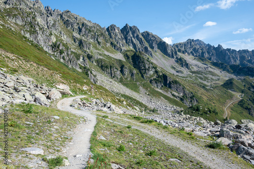 Scenic alpine footpath winding through rugged rocks, green slopes and dramatic mountain peaks near Chamonix, France.