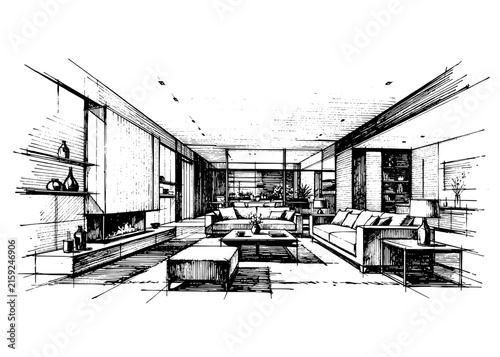  Interior design sketch of a modern home living room.   Graphic assembly in architecture and interior design work  Hand-drawn vintage engraving illustration