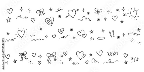 Hand drawn doodle elements set featuring hearts stars sparkles bows decorative swirls vector illustration romantic valentine collection illustration decoration minimalist childish lettering