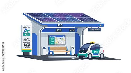 Obraz na plátně Eco-friendly Taxi Station with Solar Panels and Electric Car