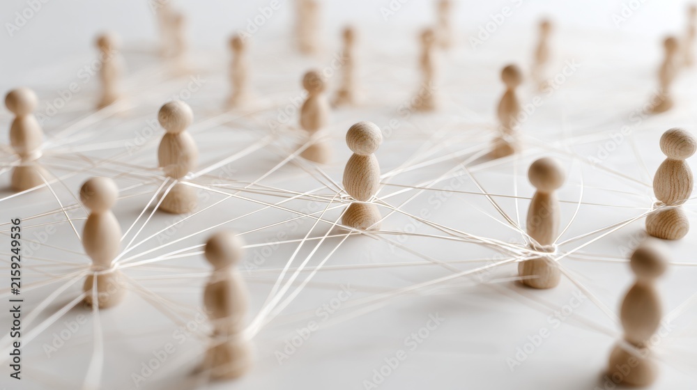 Obraz premium Wooden figurines connected by white thread on a white background. This visualizes networking and business communication concepts.