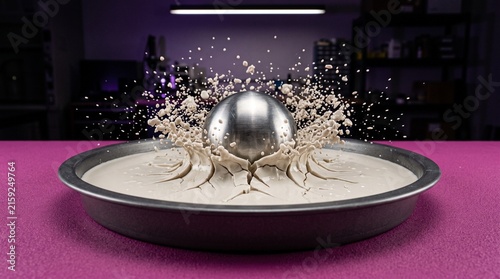 Steel sphere reveals impact resistance in cornstarch mixture
