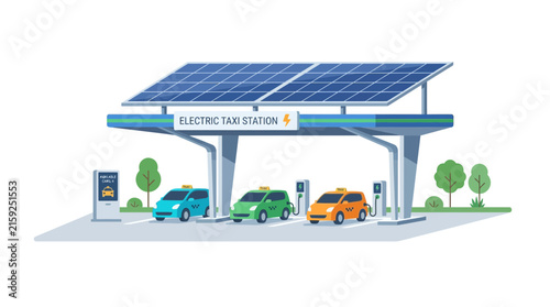 Fotografie Electric Taxi Station with Solar Panels Charging Cars