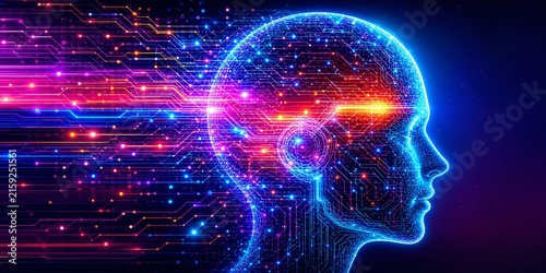 Futuristic Digital Human Head Glowing With Neon Circuit Networks, Artificial Intelligence Data Streams and Cyber Technology Connections in Vibrant Blue and Magenta