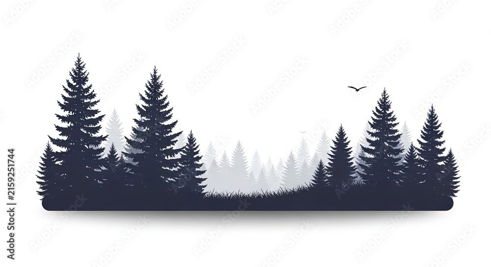 Obraz premium Silhouette of a pine forest landscape with subtle mist and a bird in the sky, isolated on white background.