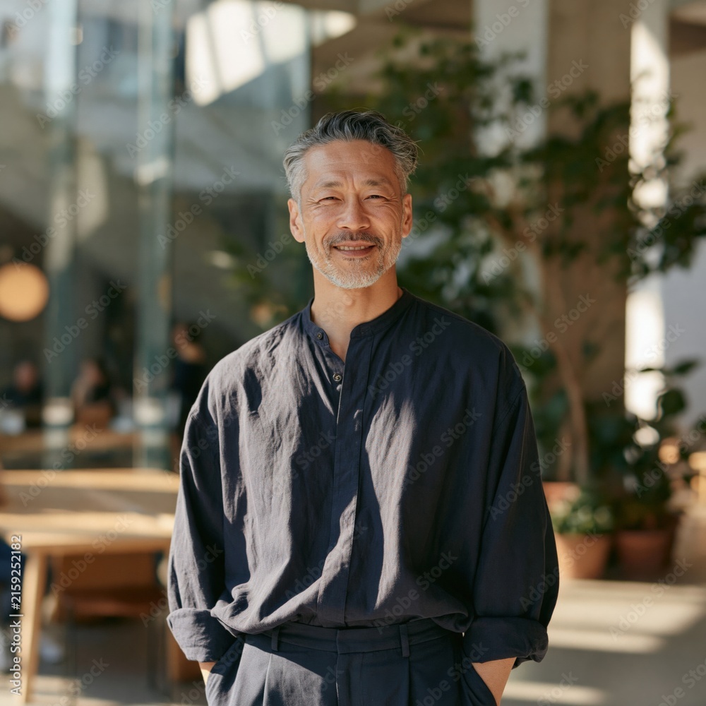 Obraz premium Senior man smiling in sunlit modern cafe for business profile and executive portrait in relaxed coworking environment
