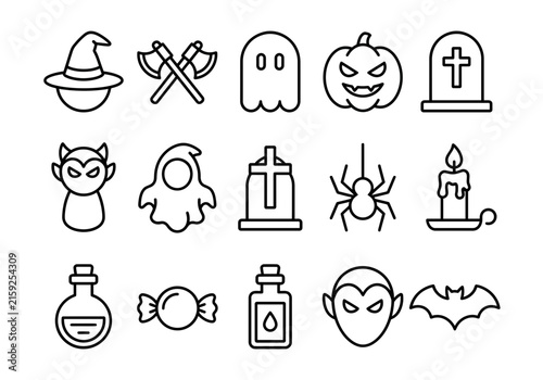 Halloween doodle icon set with witch hat, bats, ghosts, pumpkins, candles, spider, potion bottles, candy and spooky symbols for seasonal crafts