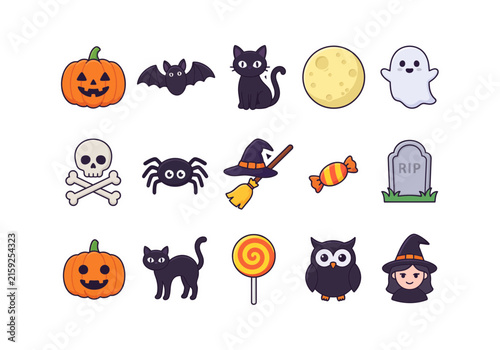 Cute Halloween sticker icon set with pumpkin, bat, black cat, ghost, skull, spider, owl, witch, candy and full moon for spooky party designs