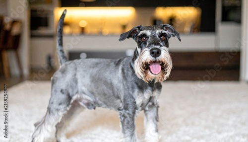 Happy Miniature Schnauzer Dog on a Leash During an Evening Walk