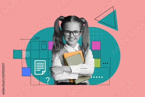 Konstfotografi Smiling Young Caucasian Girl With Glasses Holding Books In Classroom, Showing Enthusiasm For Learning And Knowledge, Engaged In Educational Environment, Promoting Education Concept