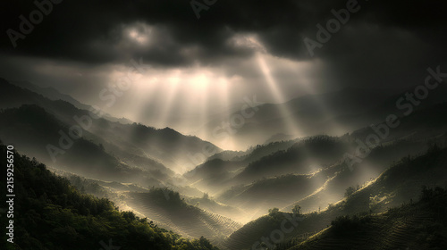 Mountain landscape in sunlight with clouds