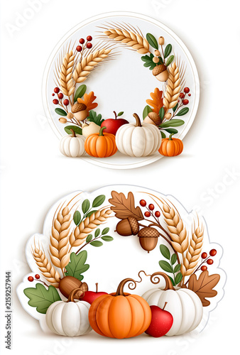 Autumn wreath with wheat, oak leaves, acorns, pumpkins and apples; isolated on white background illustration