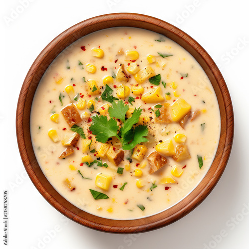 Creamy Sweet Corn Chowder Soup with Potatoes in Wooden Bowl Isolated on White Background