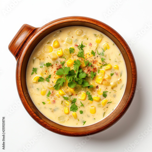 Creamy Sweet Corn Chowder Soup with Potatoes in Wooden Bowl Isolated on White Background