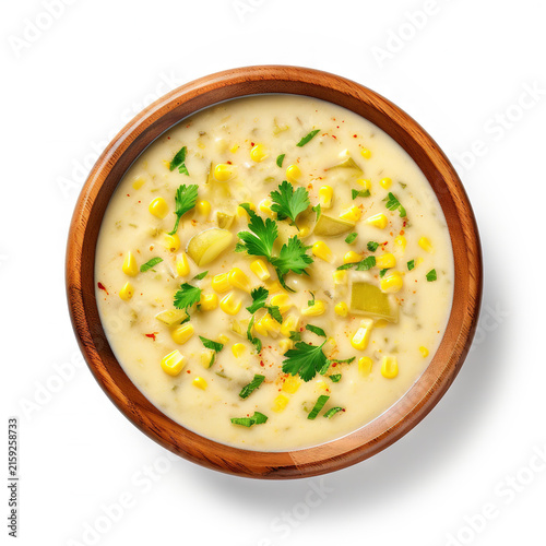 Creamy Sweet Corn Chowder Soup with Potatoes in Wooden Bowl Isolated on White Background