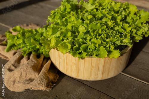 Bild auf Leinwand Fresh green lettuce leaf bouquet in wooden bowl on rustic background,